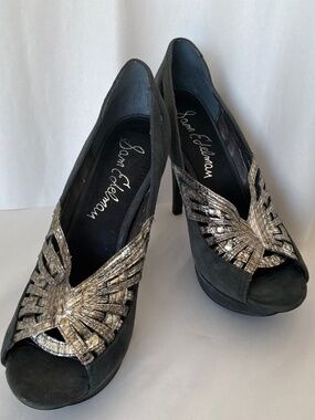 Sam Edelman Black Suede Peep Toe Pumps Metallic Gold Nixie Heels 8.5M